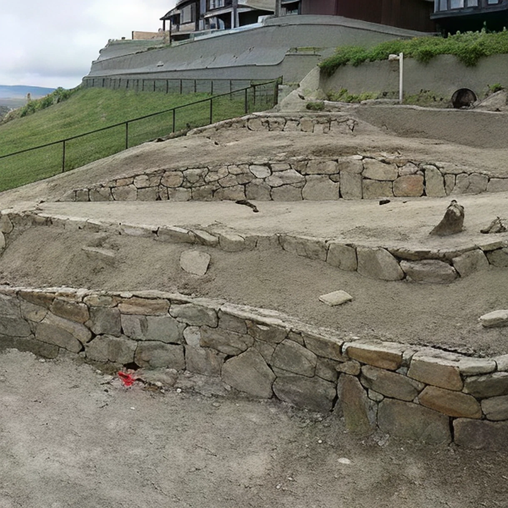 Stone terraces with grass and building